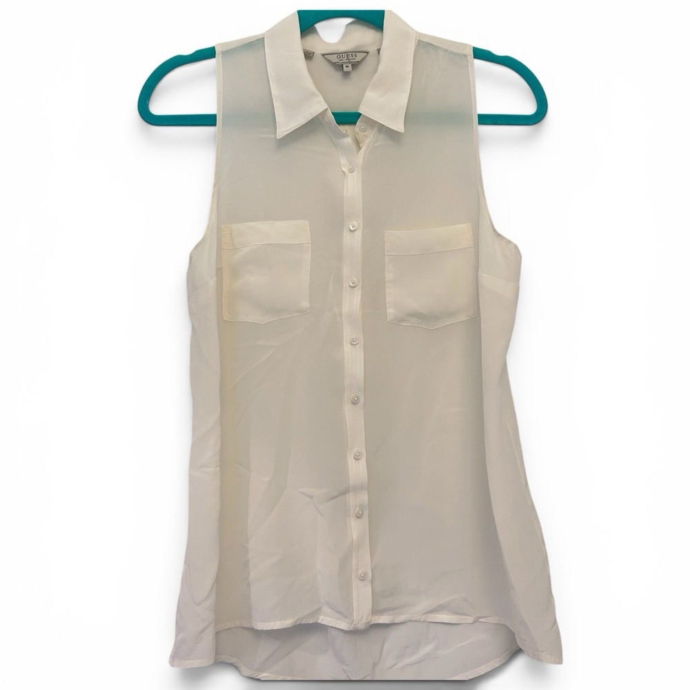Guess Ivory 100% Silk Top Sleeveless Button Down M W31H01W2KY0 Blouse